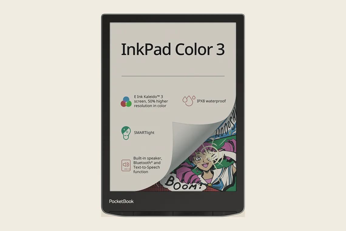 PocketBook InkPad Color 3, front view, with a color comic panel on screen